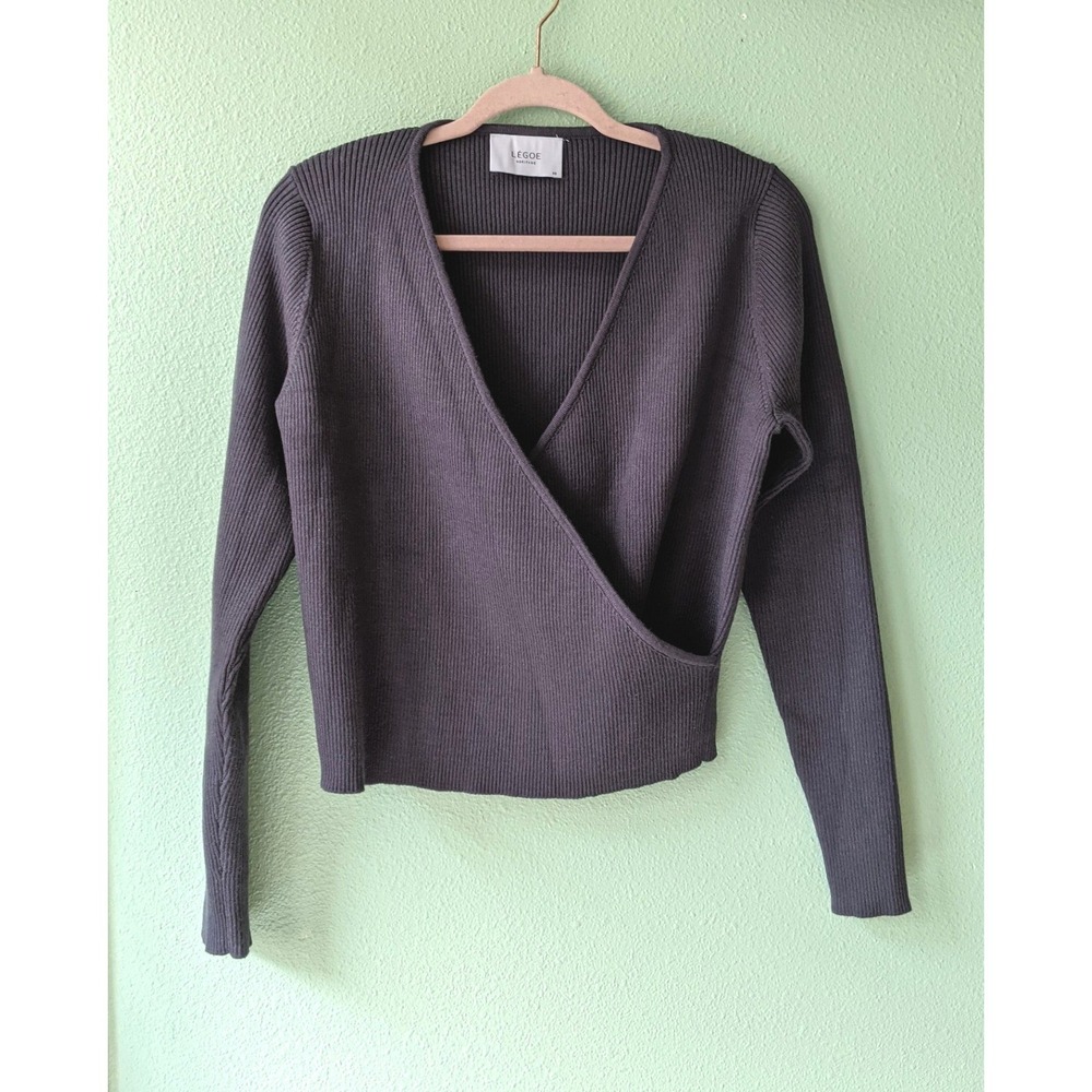 LEGOE HERITAGE Grey Ribbed Knit Breastfeeding Wrap Front Long Sleeve Sweater Top - Picture 1 of 9